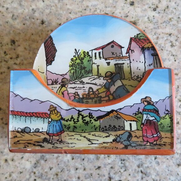 Set 6 Peruvian Coasters Wood Handpainted Vintage (K711) - Picture 2 of 8